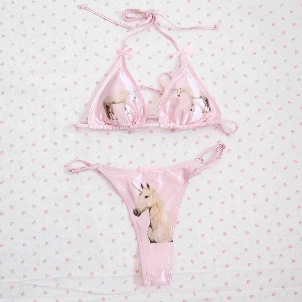 pink satin finish unicorn string bikini two piece set